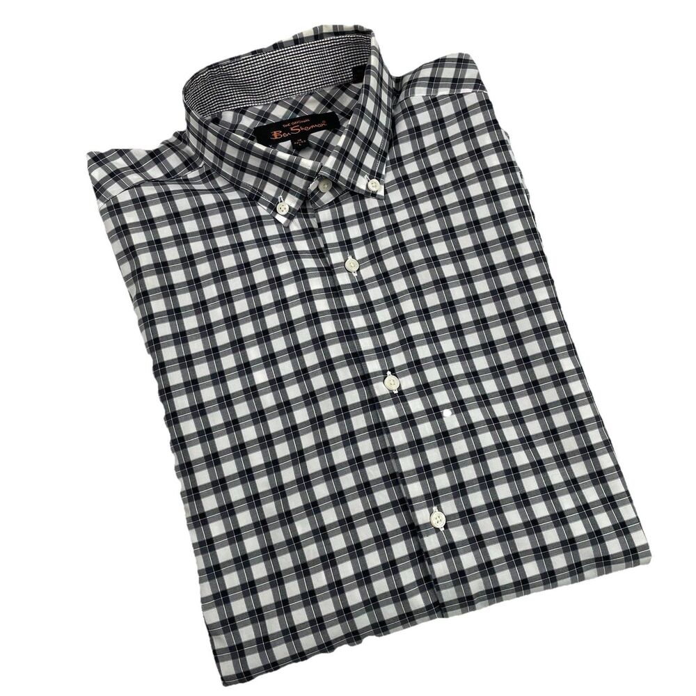 Ben Sherman Long Sleeve Button Up Shirt Black White Windowpane Plaid-L